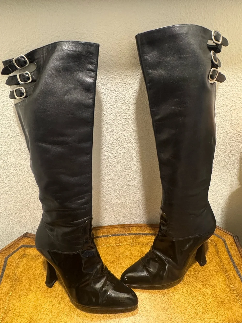 Casadei Black Knee High Leather Boots with Buckle Straps Made in Italy Size 10